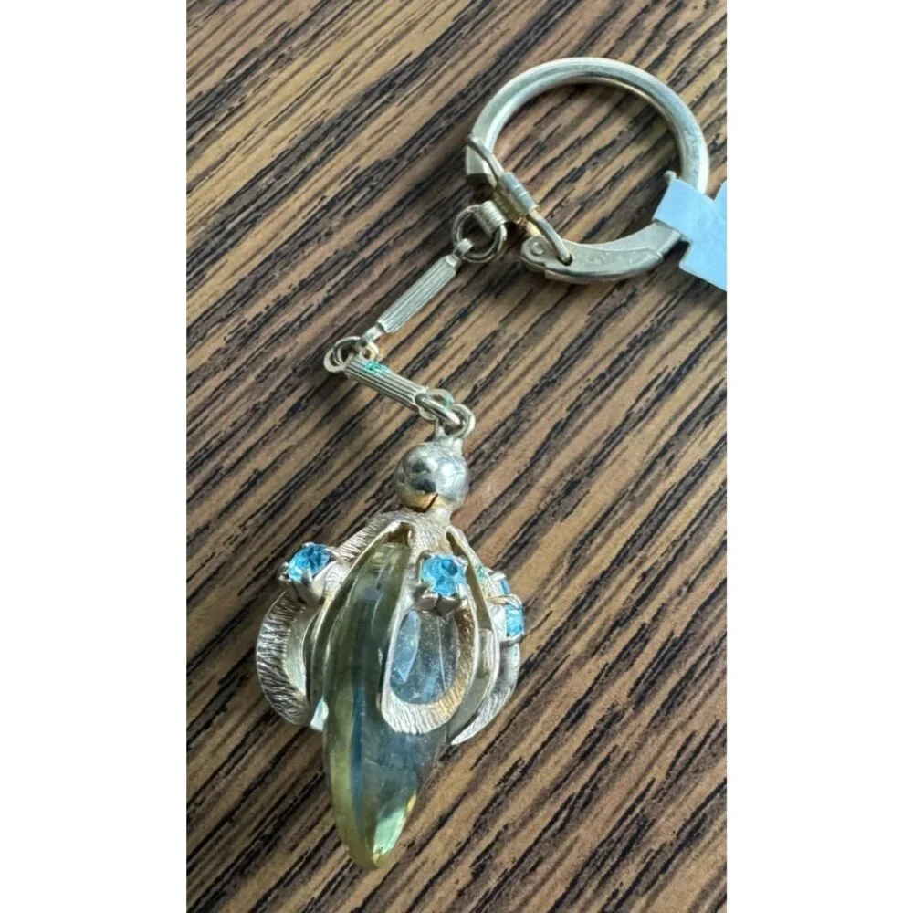 Vintage Faceted Glass Heart Keychain Curved Oval Rhinestone Mounting FOB